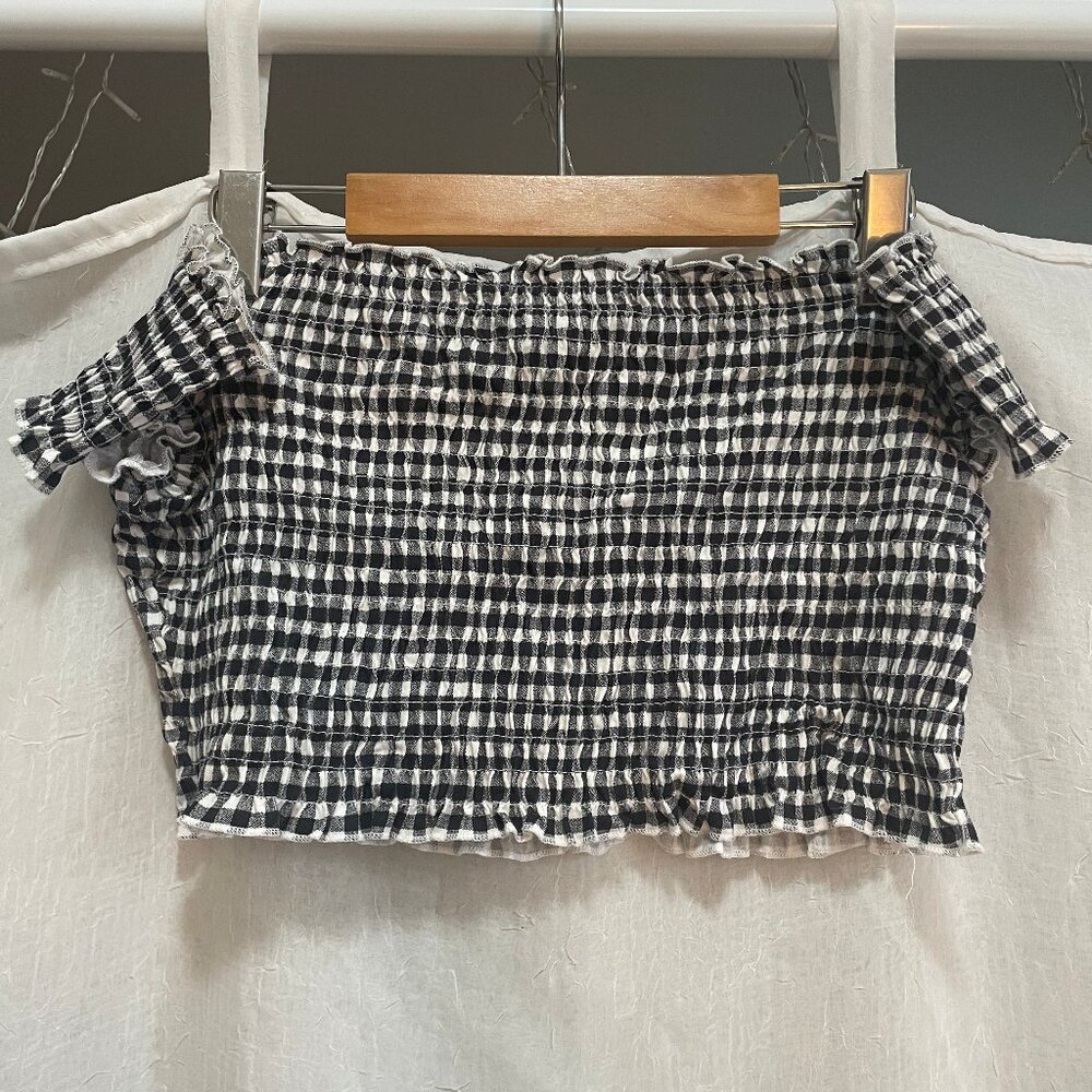 Ruched Gingham Off Shoulder Crop Top